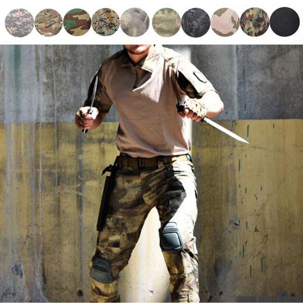 

tactical army uniform combat short sleeve shirt + cargo pants with knee pads army camouflage paintball hunting clothing, Camo