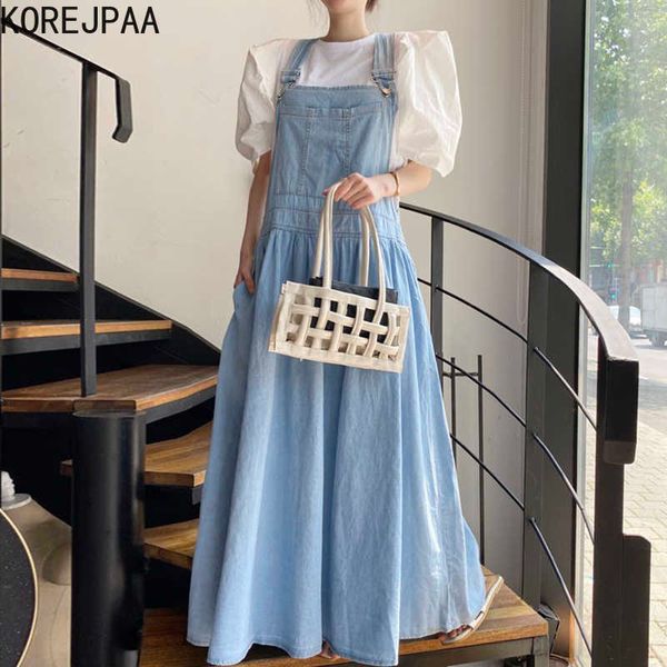 Korejpaa mulheres vestido conjuntos coreano chique de 100 pescoço solto bolha camisa de manga bolha com retro azul grande balanço swing denim saia suspender 210526
