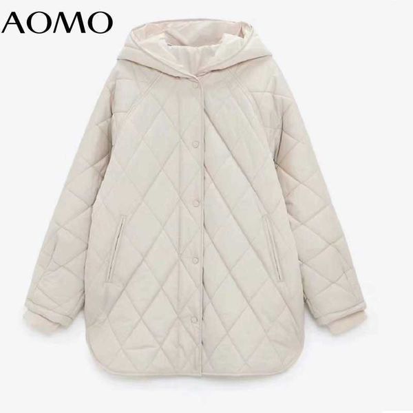 AOMO Donna Beige Oversize Cappuccio lungo Parka Autunno Inverno Manica lunga Bottoni Tasche Donna Cappotto caldo 6W02A 210928