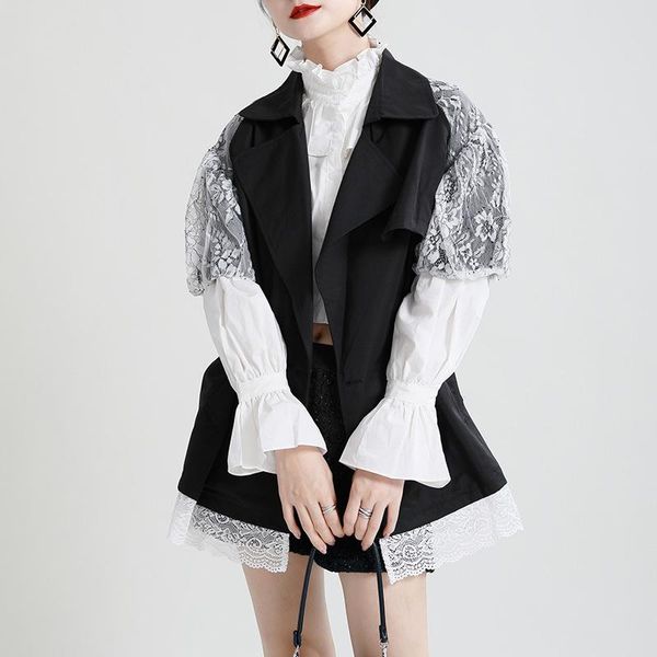 

women's trench coats fashion women coat korean stylish lace tulle patchwork puff sleeve outerwear 2021 casual loose female windbreaker, Tan;black