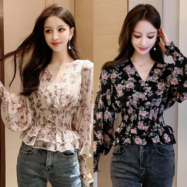 

new new2021 spring summer women print floral long lantern sleeve chiffon blouse female v-neck button vintage shirt x53, White