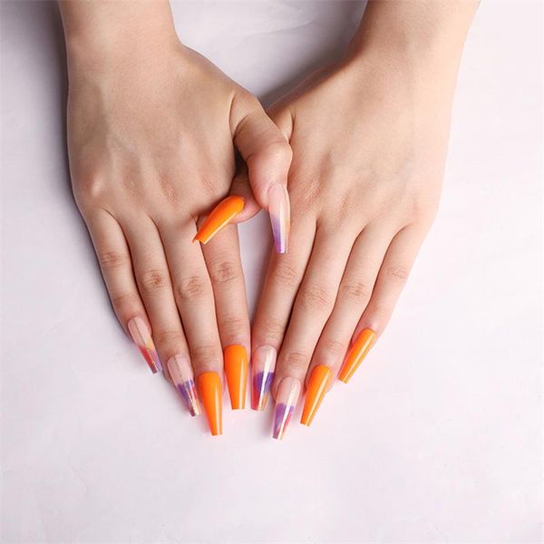 

false nails multicolour ballerina orange wedding nail reusable with glue sm14210636, Red;gold
