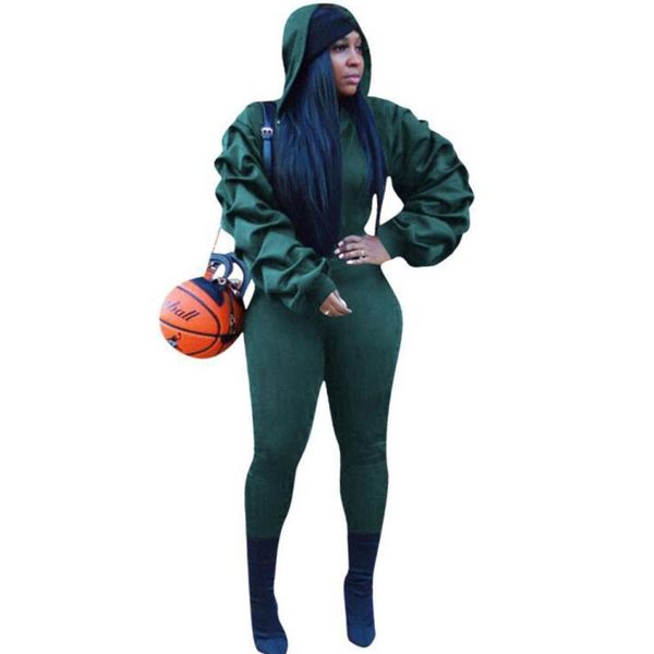 

two piece dress streetwear 2 set women ruched puff sleeve hooded jacket and high waist pants sweat suits spring autumn tracksuit femme, White