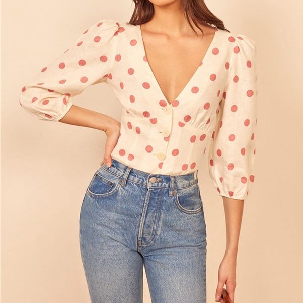 

2021 100% linen summer new slim retro polka-dot v-neck single-breasted three-quarter sleeve shirt women 5ir2, White