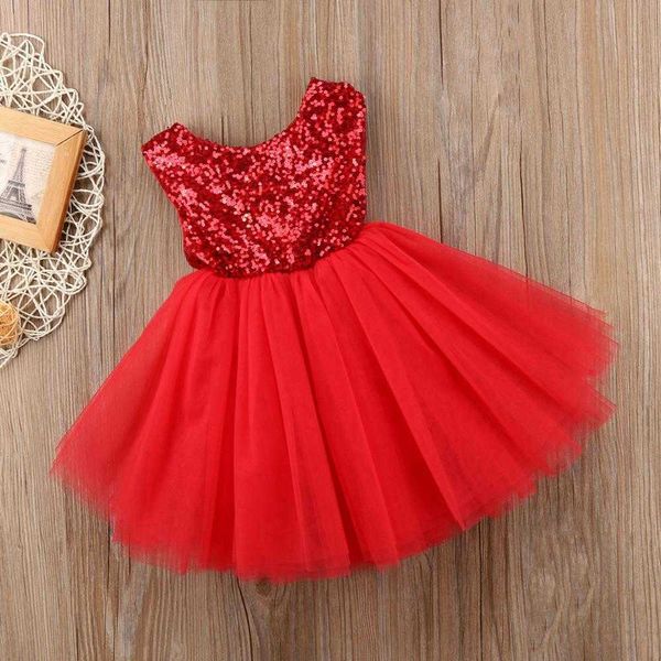 Мода красная девушка Рождественское платье спинки блестки сетки без рукавов цветок девушка платья летняя одежда детские платья q0716