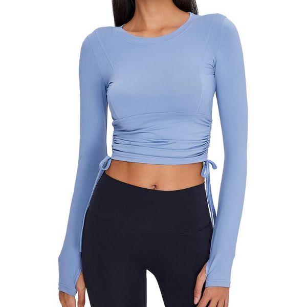 

yoga outfits autumn women side drawstring bandage shirts gym quick-drying tight long-sleeve thumb hole running training t-shirt, White;red