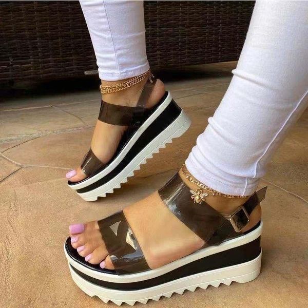 

sandals summer shoes women buckle strap peep toe casual lady sandalias platform mid-heel outdoor beach female 2021 zapatos, Black