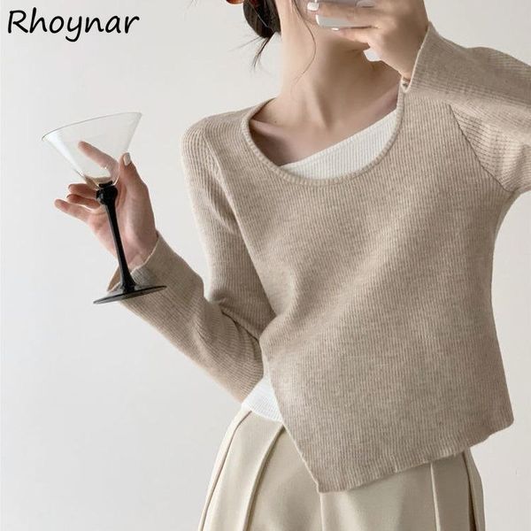 

women's sweaters pullovers women patchwork o-neck knitted spring autumn all-match leisure elegant fake 2 piece streetwear simple trendy, White;black