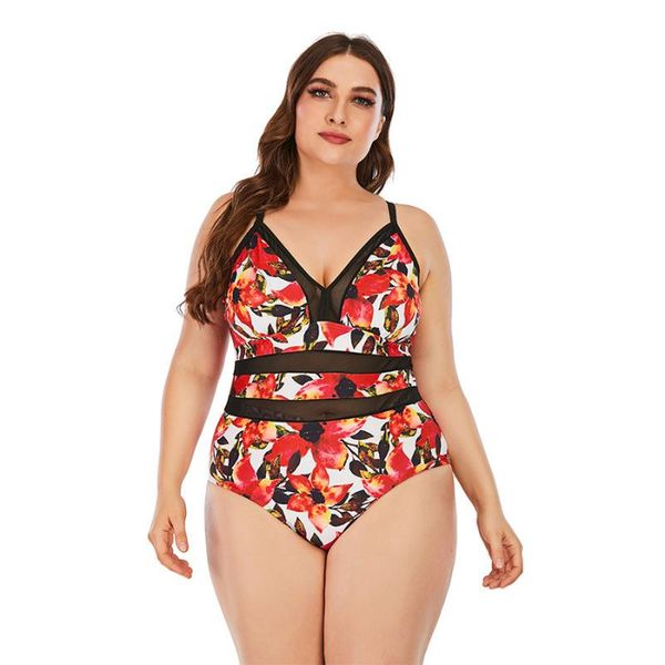 

women's swimwear 2021 women plus size 4xl v-neck print floral one pieces swimsuit for beachwear bathing suits bodysuit monokini, White;black