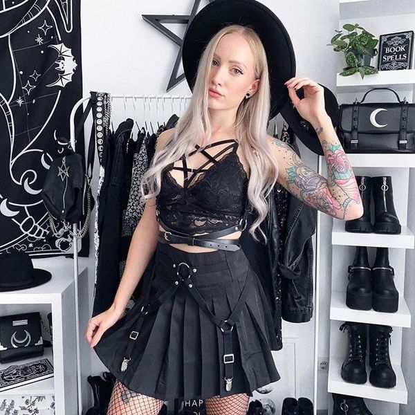 

skirts fashion dark punk girl pleated skirt, Black