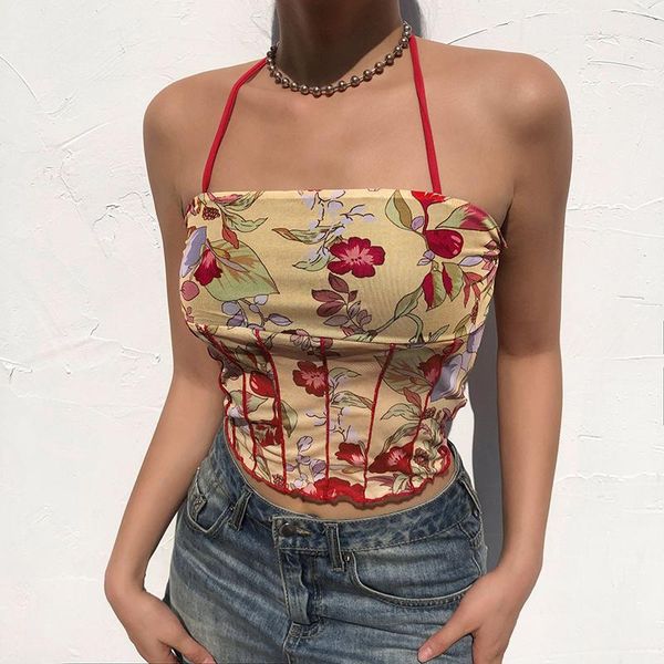 

women's tanks & camis zovsv mesh backless cropped summer floral print y2k sleeveless crop tee fashion 2000s camisole, White