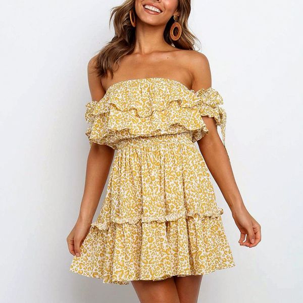 

2021 new leopard ruffle off the shoulder women strapless mini dresses summer short beach boho dress female vestidos kx9t, Black;gray