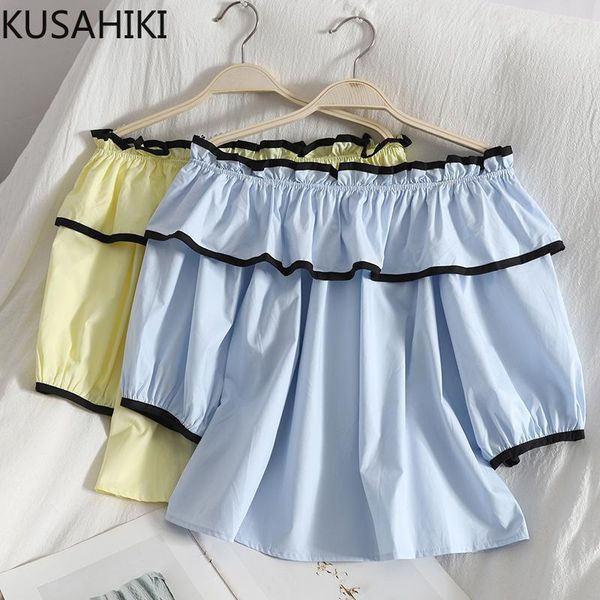 

women's blouses & shirts kusahiki hit color slash neck ruffle women elegant strapless short sleeve shirt summer sweet blusas 6k323, White