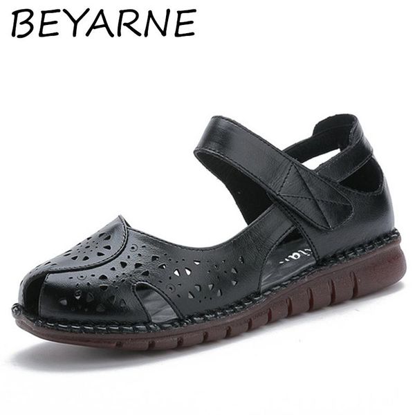 

beyarnesummer new handmade women's shoes national style genuine leather hollow out women sandals soft flat with sandals, Black