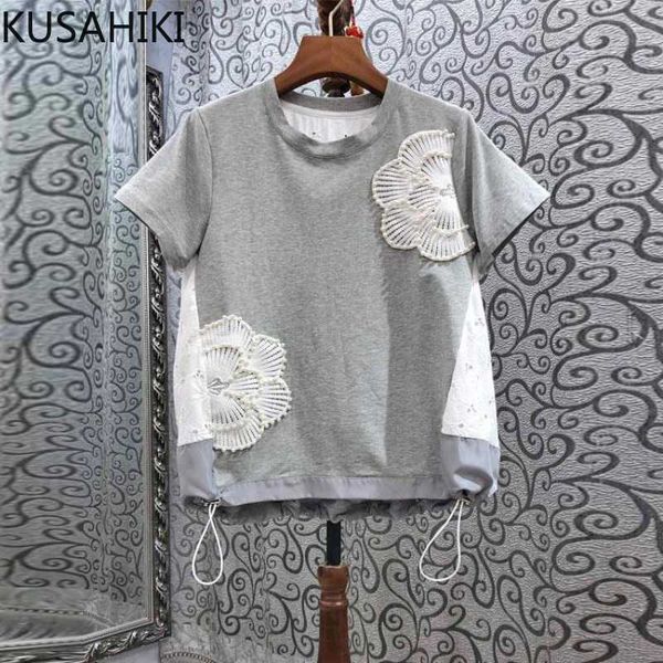 

summer hit color beads flowers women t shirt causal short sleeve o-neck graphic tee drawstring tshirt 6h403 210603, White