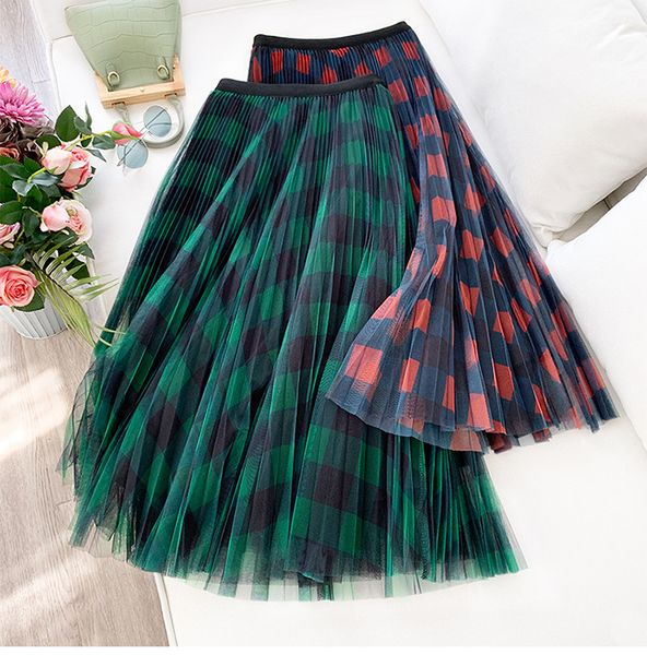 

female pleated skirt women s fashionable plaid a line maxi skirt high waisted, Black;blue