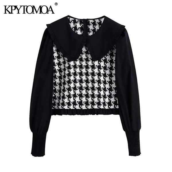 KPYTOMOA Frauen Mode Patchwork Rüschen Blusen Vintage Peter Pan Kragen Langarm Zurück Zipper Weibliche Shirts Chic Tops 210225