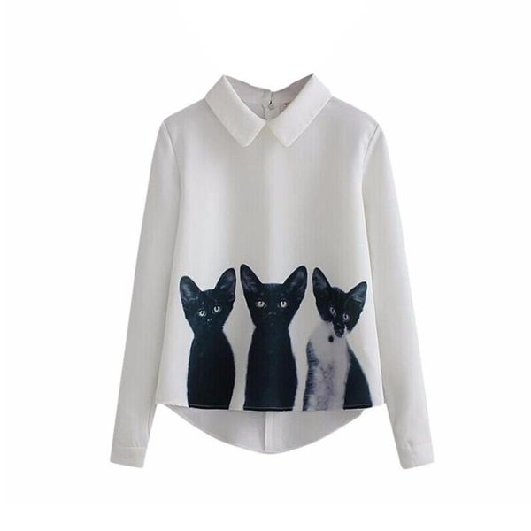 

women's blouses & shirts women loose chiffon three cats long sleeve casual blouse shirt c0228, White