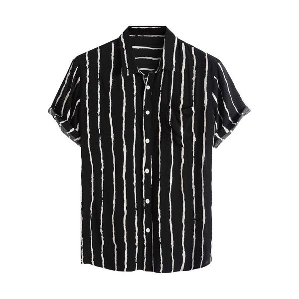 

men's casual shirts fashion striped print buttons cardigan short sleeve for men turn-down collar shirt loose camisa masculina, White;black