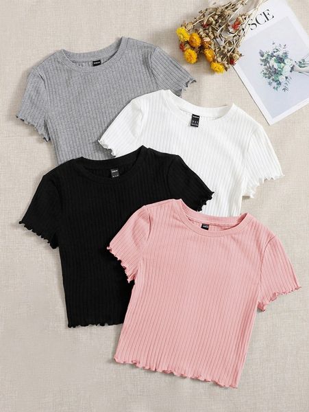 

4pcs lettuce trim rib knit tee i8ge#, White