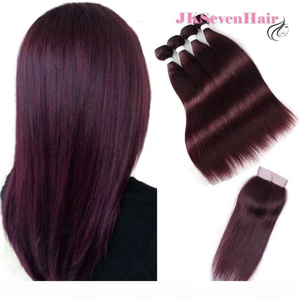 

straight burgundy 100% brazilian virgin human hair bundles 4pcs with lace closure burgundy red malaysian hair wefts with 4x4inch closure, Black