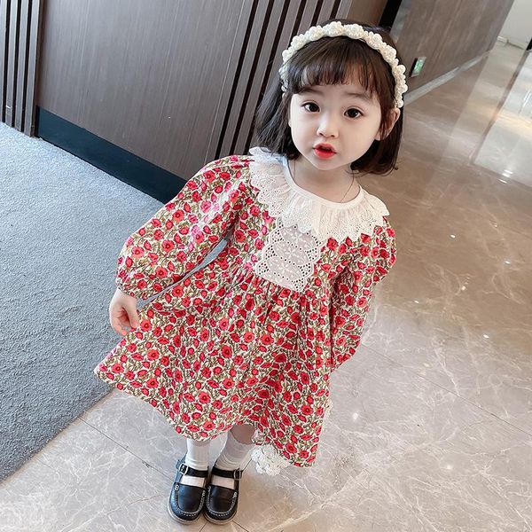 

girl's dresses 2021 spring children's clothing cute flower girls dress cotton long sleeve children elegant princess 1-6 years, Red;yellow