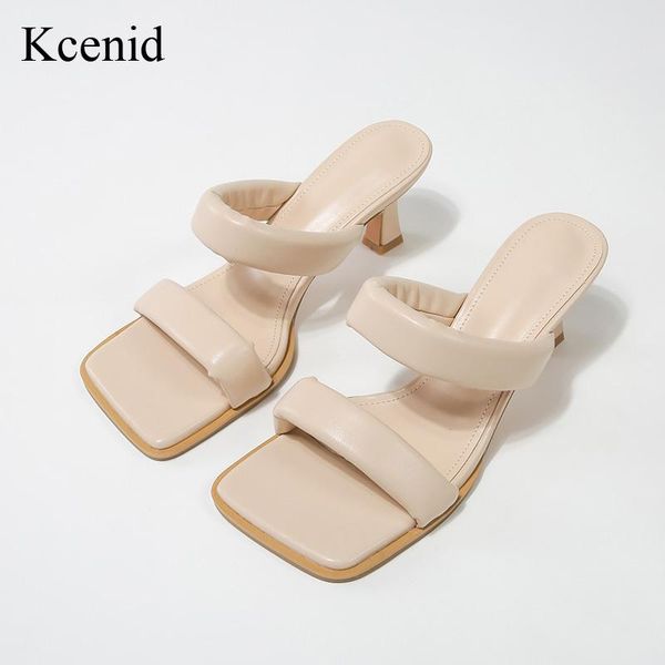 

slippers kcenid 2021 women summer high heels fashion square toe sandals ladies shoes slip on casual slides mujer apricot, Black