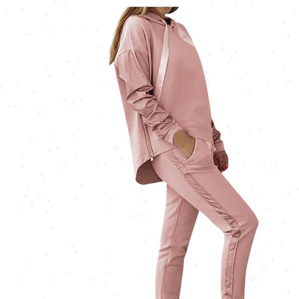 

womens sports suits tracksuit 2pcs set women solid color hooded sweatshirt and pant tracksuit sport suit conjunto femenino g3, Gray