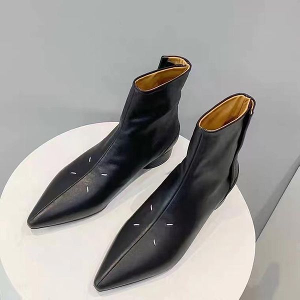 

boots women's shoes 2021 pointed toe short thick heel low zipper, Black