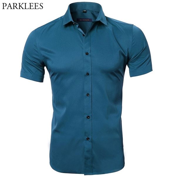 Homens Elastic Bamboo Fibra Vestido Camisas Verão Manga Curta Homens Casuais Brand Negócios Trabalho Camisa Masculina 210809