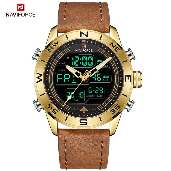 

naviforce sport watches for men brand luxury military leather mens wrist watch digital quartz chronograph relogio masculinog, Slivery;brown