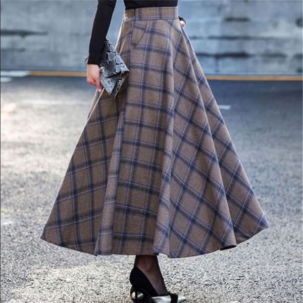 

plus size 3xl high waist skirts faldas mujer moda women maxi wool skirt elastic waist elegant office lady long plaid skirts 210311, Black