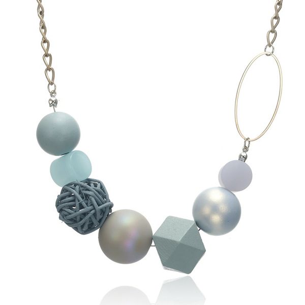 

round pendant necklaces french retro fashion woven ball candy color pearlescent geometric shape wooden bead small clavicle chain design neck, Silver