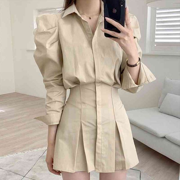 

vestidos mujer autumn casual women dresses all match khaki lapel single breasted pleated long sleeved shirt dress mini robe loose, Black;gray