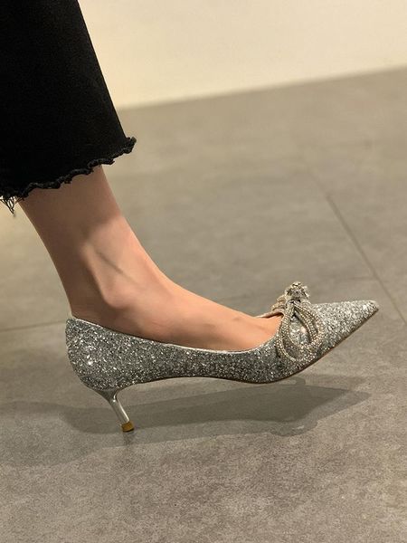 

dress shoes high women's stiletto 2021 spring wild pointed shallow mouth single net red temperament sequined bow bridesmaid, Black