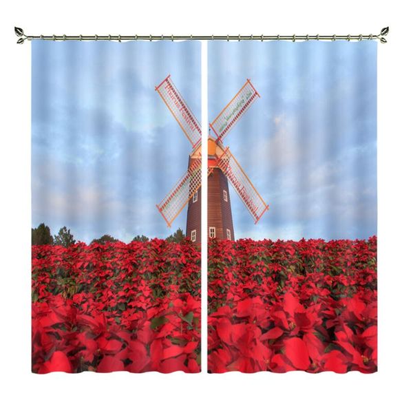 

curtain & drapes windmill in a sea of red flowers eco-friendly fashion trend 3d print curtains for dining room windows living bedroom