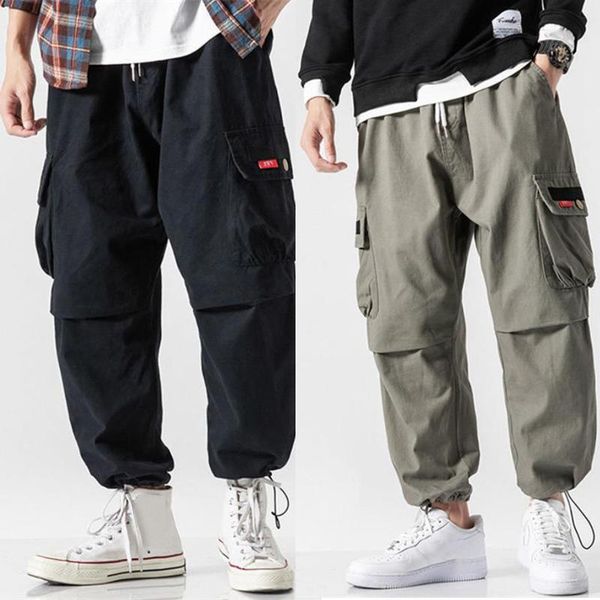 

men's pants overalls men cargo outdoor fashion jogging trousers streetwear 2021 pockets cotton four season loose pantalon, Black