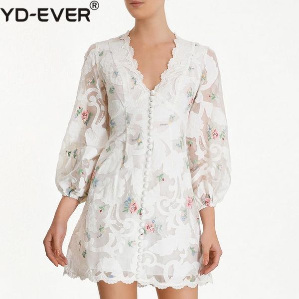 

brand designer patchwork lace embroidery floral women dress 2021 spring sweet v-neck lantern sleeve high waist female mini dress, Black;gray