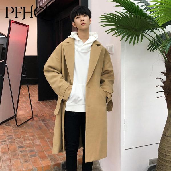 

men's wool & blends pfhq men windbreaker mid long 2021 thickened korean ins trend unique loose casual woolen khaki clothes winter coat, Black