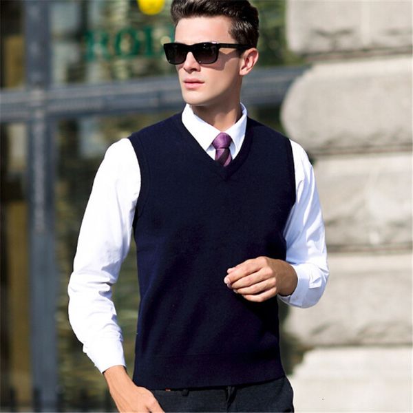 

100% pure wool vest male new solid business men sleeveless sweater v collar qksp, White;black