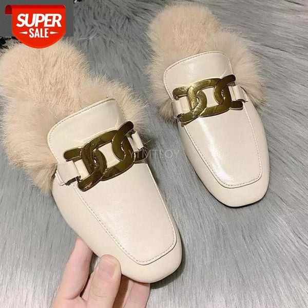 

new fashion golden chain soft rabbit hair leather slippers brand design slip on women loafers fur slides mules flip flops zapato #cr6l, Black
