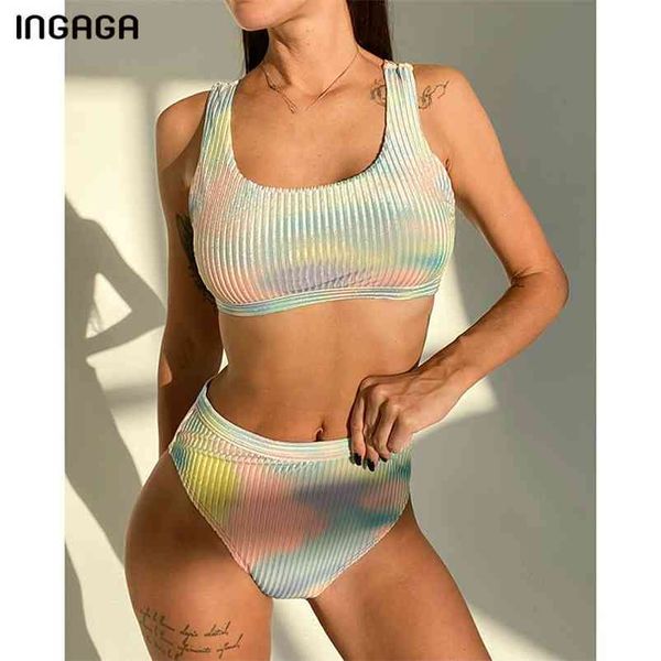 Ingaga Push up Bikini kadın Mayolar Yüksek Bel Biquini Seksi Kravat Boya Mayo Kesim Mayo Nervürlü Beachwear 210629