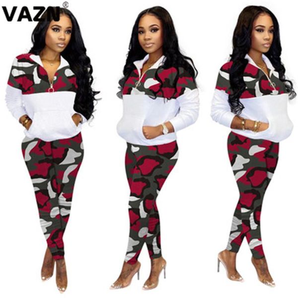 

two piece dress vazn streetwear print zipper splice bodycon women set spring 2021 fashion sport v-neck 2 pieces casual, White