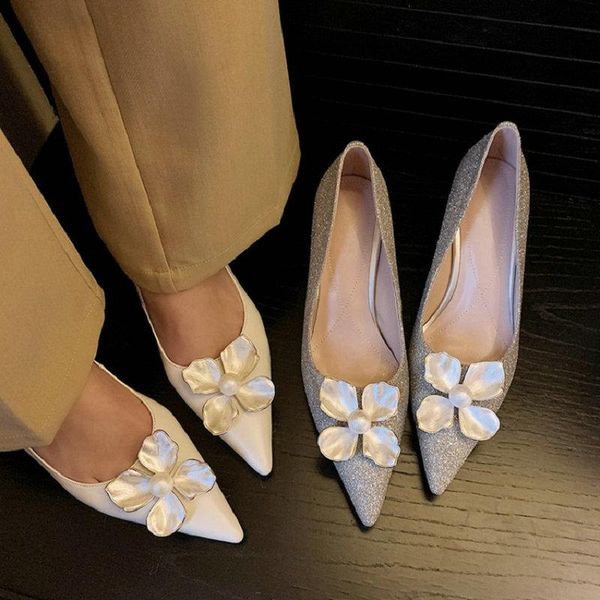 

zawsthia genuine natural leather glitter luxury woman's office shoes lady golden high heels pumps with metal flower decoration, Black