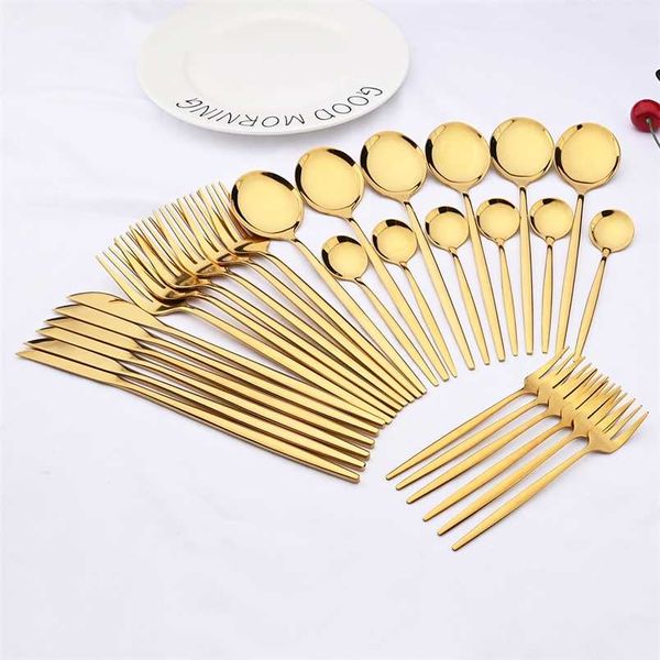 30pcs Mirror Gold DinnerWare Posate Set di posate in acciaio inox Acciaio inox Black Flatware Western Knife Cake Fork Cucchiaino Cucchiaio da cucina Set di stoviglie 211112