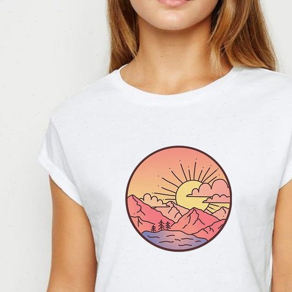 

new t shirt women scenery sunrise tshirt spring summer tee streetwear aesthetics graphic vestidos round neck t shirts, White