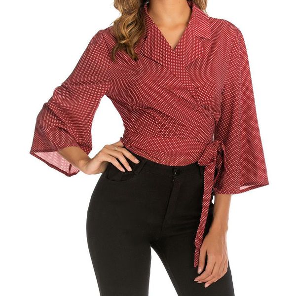 

vintage women shirts 2021 fashion turn-down collar tie point print mid-sleeve shirt blouse casual female autumn tee 729, White