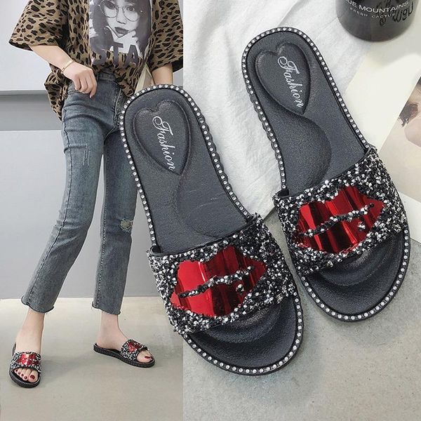 

fashion summer women's shoes women rhinestone sequin decoration bling crystal lovely lips beach platform lady's shoes slippers, Black