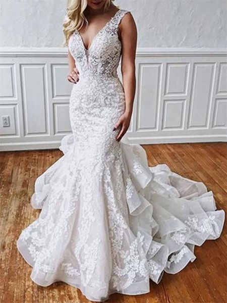 

2021 new es cascading ruffles appliques mermaid wedding gown vestidos festa robe de mairage ol8m, White