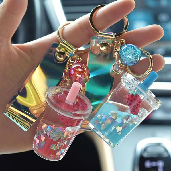 

keychains creative fruit strawberry milk tea keychain pineapple acrylic quicksand bag pendant key chain ladies jewelry gift, Silver